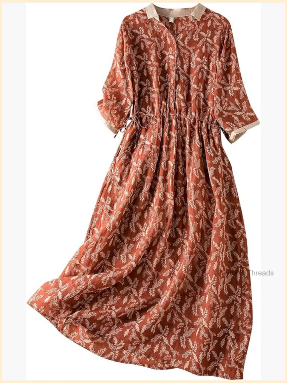 V Neck Drawstring Waist Midi Dress with Pockets Loose Button Up - Picture 1 of 4
